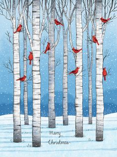 a christmas card with red birds perched on birch trees