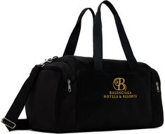 Brushed satin duffle bag in black. · Rolled carry handles · Adjustable and detachable crossbody strap · Logo and text embroidered at face · Zip pocket at sides · Zip closure · Logo-woven taffeta lining · Logo-engraved silver-tone hardware · H10 x W18 x D9 Supplier color: Black/Gold Black Double Handle Shoulder Bag With Embroidered Logo, Black Shoulder Bag With Embroidered Logo And Double Handle, Luxury Embroidered Logo Crossbody Bag, Black Bag With Embroidered Logo And Double Handle, Black Bag With Double Handle And Embroidered Logo, Designer Shoulder Bag With Embroidered Logo For Travel, Black Top Handle Shoulder Bag With Embroidered Logo, Black Shoulder Bag With Top Handle And Embroidered Logo, Travel Crossbody Shoulder Bag With Embroidered Logo