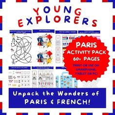 the book cover for young explorer's paris activity pack 60 pages, with an image of