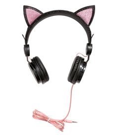 a pair of headphones with cat ears on top of each earpiece, one has pink glitter and the other is black