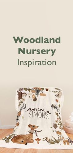 the woodland nursery bedding is shown with an image of animals and plants on it