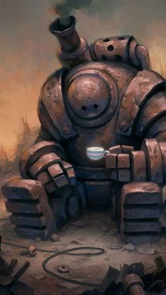 a painting of a robot sitting on top of a pile of junk in the dirt