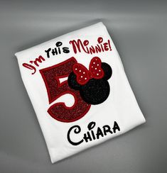 a birthday shirt with the number 5 and minnie mouse on it's front is shown