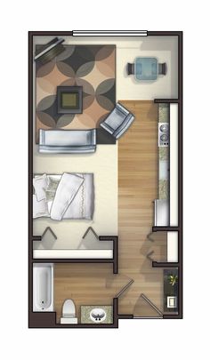 the floor plan for a small apartment with one bedroom and an attached living room area