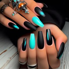 Black Summer Nails 2024, Turquoise And Black Nails, Acrylic Stiletto Nails, Turquoise Nails, Sassy Nails, Fancy Nails Designs, Matte Nails Design, Dope Nail Designs, Nail Designs Glitter