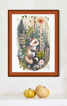 an animal is sitting in the forest surrounded by plants and flowers, framed on a wall