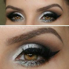 . Sliver Eyeshadow, Black And Silver Smokey Eye, Wolf Makeup, White Eye Makeup, Silver Smokey Eye, Moon Costume, Silver Eye Makeup, Rapunzel Costume, White Eyeshadow