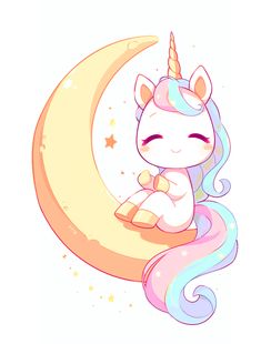 a cute little unicorn sitting on the moon