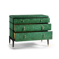 a green dresser with three drawers and brass handles