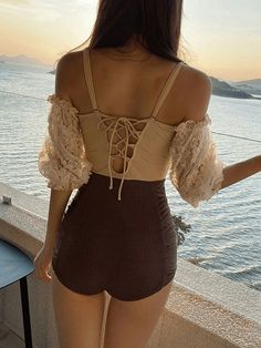 ⚡️Buy Patchwork Lace Tie Back One Piece Swimsuit Brown XL under $27.00 in One-Piece Swimsuits Online. Style: Sexy. Color: Brown. Fabric Content: Polyester, Polypropylene. Fit Type: Slim fit. Neckline: Off the Shoulder. Sleeve Length: Short Sleeve. Design: With Padded Cups, Wire Free, Criss Cross Tie Strap Detailing At Back, Adjustable Shoulder Straps, Frill Trim. ✓2022 SPRING DROPS✓Free Shipping on all orders over $59. Check reviews and order Patchwork Lace Tie Back One Piece Swimsuit today. Swimsuit Brown, Floral Swimwear, Lace Tie, Spaghetti Strap Mini Dress, Monokini, One Piece Swimwear, Women Swimsuits, Womens Swimwear, Half Sleeves