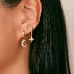 Star and Moon Huggie Hoop Earrings  ◇ Earrings measures approx.:  Hoop outer diameter: 12mm / inner Diameter: 9mm Charm approx. 8mm (handmade earrings vary slightly) ◇ These earrings are sold as pair. ◇These earrings will arrive in an eco-friendly jewelry paper box, making it a nice gift to give a friend or keep for yourself. ◆ View more EARRINGS https://www.etsy.com/shop/eplusfjewelry?section_id=13190709 ◆ View ALL ITEMS https://www.etsy.com/shop/EFHANDMADEJEWELRY shop policies: https://www.ets Moon Star Earrings, Celestial Style Everyday Earrings, Trendy Moon Charm Drop Earrings, Trendy Dangle Earrings With Moon Charm, Celestial Star-shaped Hoop Earrings With Moon Charm, Celestial Style Hoop Earrings For Everyday Wear, Dainty Dangle Hoop Earrings With Moon Charm, Hoop Earrings With Charm, Star Earrings Dangle