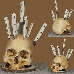 three pictures of a human skull with knives stuck in it