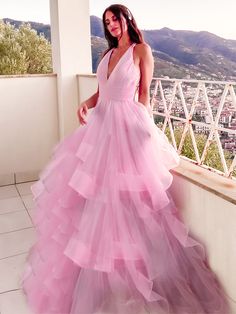 2021 A-Line Organza V-neck Long Pink Prom Dresses Long Pink Prom Dresses, Tulle Prom Dress Long, Prom Dresses Long Pink, Evening Party Gowns, Womens Prom Dresses, Pink Prom, Formal Party Dress, Pink Prom Dresses