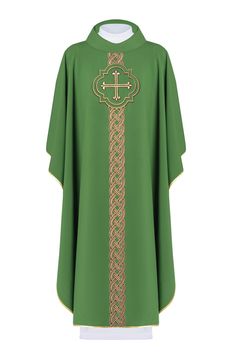 Chasuble embroidered Cross - green (H172). The chasuble is made of high-quality plain fabric, decorated with rich embroidery and a cross symbol. All finished with gold satin trim. Available in all liturgical colors. - Turtleneck collar finish, carom version available on a particular order. - Inner stole included. - Vestment length 135 cm (53.1 inches). Fabric: 100% PE. Liturgical Colours, Cross Symbol, Alpha Omega, Plain Fabric, African Men Fashion, Gold Satin, Clothing Items, Poland, Tunic Tops