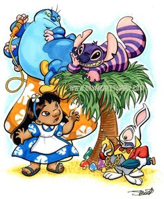 an image of cartoon characters on the beach with palm tree and other animals in background