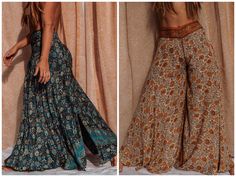 "🌞Silk free-spirit flowy bell bottom pants! Available XS-4X Available in many prints. High waisted super flowy fit! Elastic waist on the back for adjusted fit, please see measurements below.  🔥Make an outfit! Pair with our matching Silk bell sleeve Top for a full outfit! 🌍XS fits waists 26\" - 32\" 🌍S/M fits waists 28\" - 34\" 🌍M/L fits waists 29\"- 38\" 🌍L/XL fits waists 30\" - 40\" 🌍XXL fits waists 34\" - 42\" 🌍3X fits waists 38\" - 46\"  🌍4X fits waists 42\" - 50\"  🌲SMALL BATCH LIM Hippie Pants Flare, Bell Bottom Yoga Pants Outfit, Boho Yoga Outfit, Flowy Wide Leg Pants, Paisley Pants, Boho Yoga, Boho Pants, Flowy Pants, Whimsical Fashion