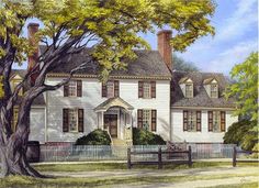 a painting of a large white house with trees in the front yard and fence around it