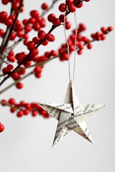 an origami star hanging from a branch with red berries in the foreground