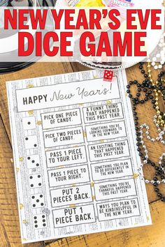 a new year's eve dice game with beads and other items on the table