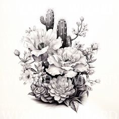 black and white drawing of flowers with cactus in the backgrounnd by artmagert