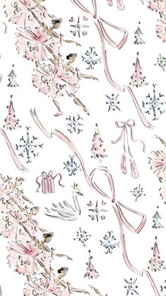 a white background with pink and silver designs on the bottom right corner is an illustration of ballet shoes, snowflakes, and christmas trees