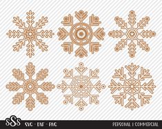 four snowflakes with different shapes and sizes, each in gold on a white background