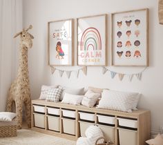 a child's room decorated in neutral colors