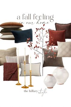 a collage of pillows, vases and candles with the words fall feeling on them