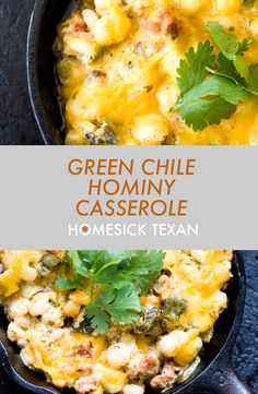 green chile casserole in a cast iron skillet with cilantro and parsley