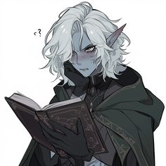 an anime character with white hair and horns holding a book in his hands while looking at it