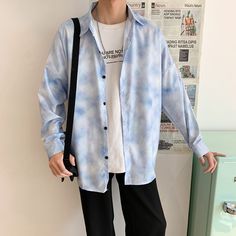 Product information: Material: PolyesterStyle: TideFeatures: loose, gradualColour: light blue Packing list: Shirt*1 Product Image: Switch Outfits, Blue Outfit Men, Male Outfit, Loose Coat, Aesthetic Outfits Men, Lazy Style, Light Blue Aesthetic, Loose Coats, Style Japanese