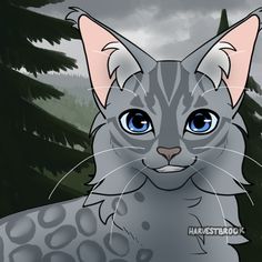 a drawing of a gray cat with blue eyes