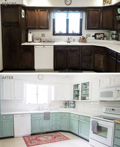 before and after pictures of a kitchen remodel with wood cabinets, white appliances, and green cupboards