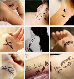 many different tattoos are shown on the arm and wrist, with words written across them