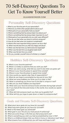 How well do you know yourself? These self-discovery questions are designed to help you wherever you’re at on your self-exploration journey. And we’ve divided them into categories based on different aspects of identity. Mental Check In Questions, Get To Know Yourself Journal, How To Get In Touch With Yourself, How To Live In The Present, How Well Do You Know Me, Self Discovery Questions, Therapy Prompts, Discovery Quotes, Psych 101