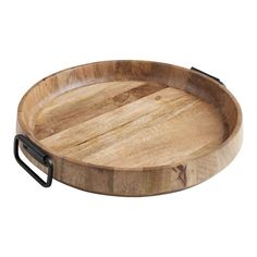 an oval wooden tray with black handles