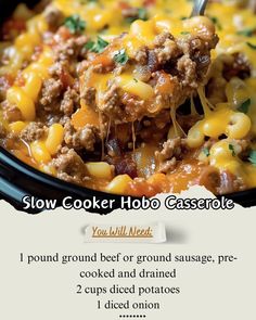 Ground beef or ground sausage 1 pound, pre-cooked and drained\nDiced potatoes 2 cups\nDiced onion 1\n\nInstructions:\nPreheat slow cooker.\nLayer ingredients.\nCook low 6-8 hours.\n\n#HoboCasserole #SlowCookerRecipes #GroundBeefRecipes #PotatoRecipes #EasyCasserole #OnePotMeal Hobo Casserole, Ground Sausage, Diced Potatoes, Hearty Dinner, Cooking For One, Light Lunch, Easy Casserole, 1 Pound, Ground Beef Recipes