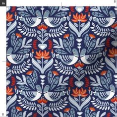 a blue and red pattern with birds on it