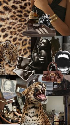 a collage of photos with leopard skin and purses on it, including an image of a woman's face