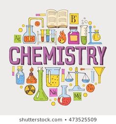 the word chemistry surrounded by science related items