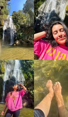 two pictures of a woman in pink shirt standing next to a waterfall with her feet up