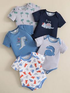 Blue  Collar Short Sleeve Polyester Cartoon,Dinosaur Tee Embellished Slight Stretch Summer Baby Boys Clothing Dinosaur Tee, Boy Onesie, Baby Boy Onesies, Cartoon Dinosaur, Coconut Tree, Summer Blue, Short Sleeve Bodysuit, Summer Baby, Tree Print