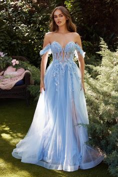 Andrea and Leo A1237 - Floral Off Shoulder Gown Split Wedding Dress, Andrea And Leo, Paris Blue, Prom Dresses Elegant, Off Shoulder Gown, Boned Bodice, Paris Blues, Lace Prom Dress, Leaf Green