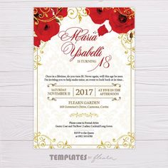 a wedding card with red roses on it