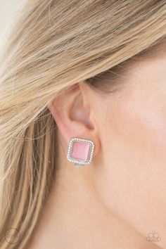 Featuring a regal square cut, a glowing pink moonstone is pressed into a white rhinestone encrusted frame for a refined look. Earring attaches to a standard clip-on fitting. Sold as one pair of clip-on earrings. Pink Clip, Pink Moonstone, Paparazzi Accessories, Chic Pink, White Rhinestone, Paparazzi Jewelry, Square Cut, Moon Stone, Clip On