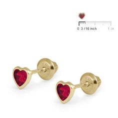 These girl's heart shaped screw back earrings are simply lovely. Crafted of highly polished 14k yellow gold, each earring features a sparkling red cubic zirconia to simulate July birthstone. They are designed with a short post to suit a little one's ears. The screw backs are smooth on the bottom for comfort and safety. A beautiful children's gift for any occasion. Gold Heart Birthstone Earrings For Valentine's Day, Gold Heart Earrings For Valentine's Day With Prong Setting, Gold Heart Earrings With Prong Setting For Valentine's Day, Gold Heart Cut Birthstone Earrings, 14k Gold Hypoallergenic Heart Earrings, Valentine's Day Yellow Gold Heart Earrings With Birthstone, Hypoallergenic 14k Gold Heart Earrings, Heart-shaped 14k Gold Birthstone Earrings, Birthstones By Month