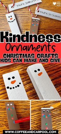 an ornament made out of popsicle sticks is shown with text that reads, kindness ornaments christmas crafts kids can make and give