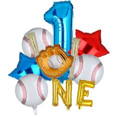 a number one balloon with baseballs and balloons