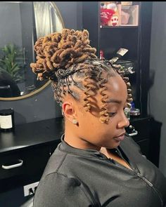 Bun Hairstyles With Locs, Bun Styles For Locs, Bra Strap Length Loc Styles, Shorter Loc Styles, Updo Retwist Styles, Women Starter Locs Styles, Medium Length Loc Updo Styles For Women, Curled Locs Black Women, Coil Loc Styles