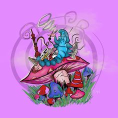 an image of a cartoon character sitting on top of a mushroom with mushrooms and umbrellas